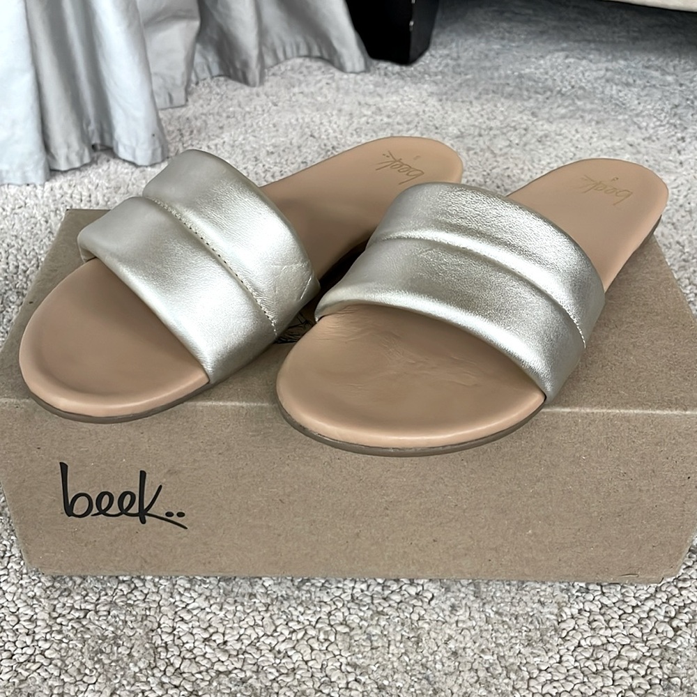 beek Metallic Silver Slide Sandals